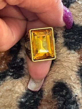 Ring- Size 7.5 Large Size Yellow Stone Ring, Yellow Gold tone Ottoman Square